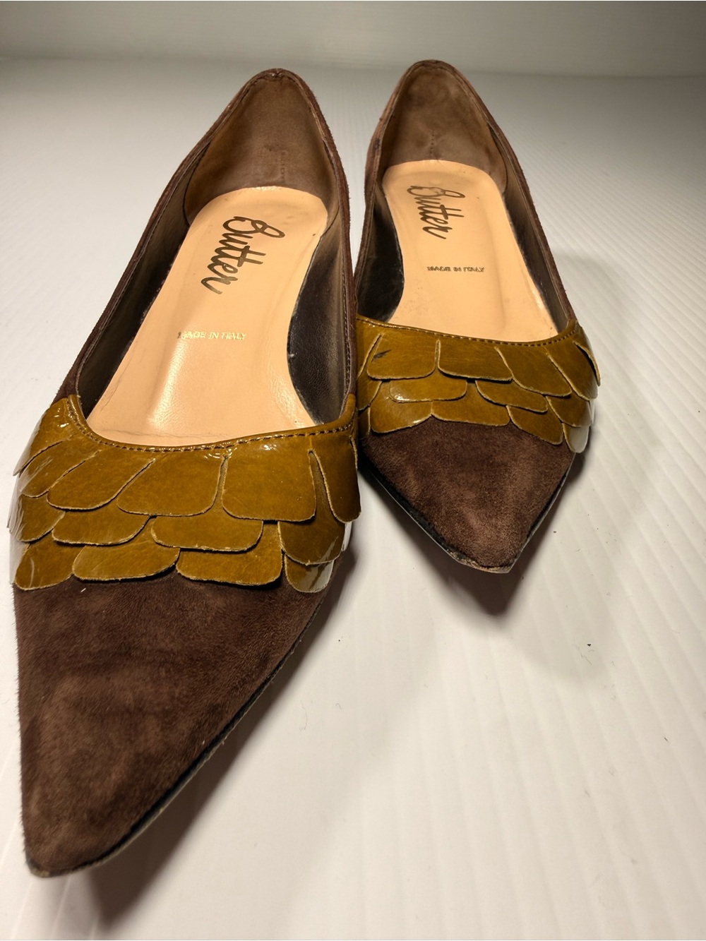 Butter Italy Suede Heels Brown & Mustard Leather Detail Size 6.5